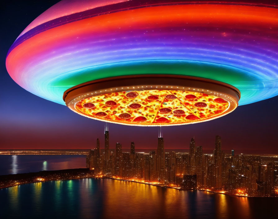 Colorful UFO with Pizza Texture Hovering Over City Skyline at Night