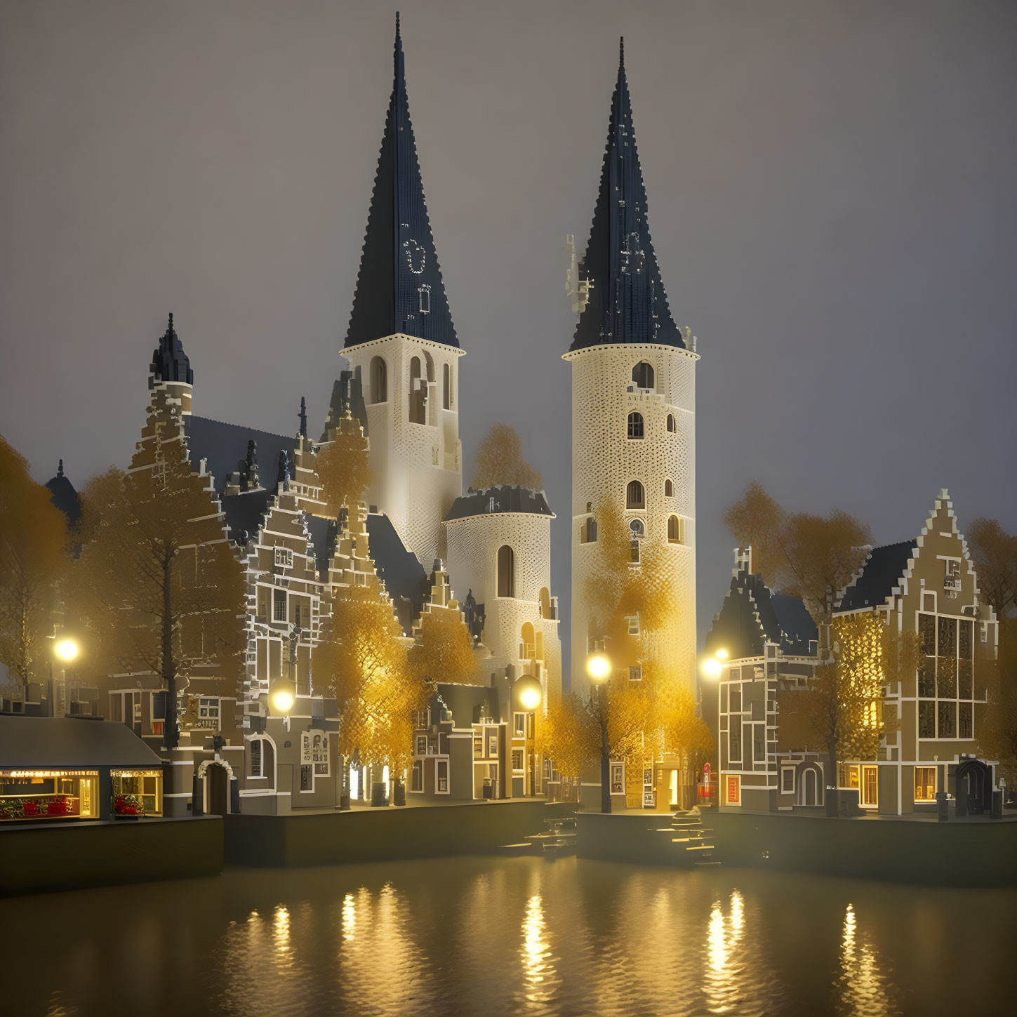 European Town Canal at Night with Tram and Illuminated Trees