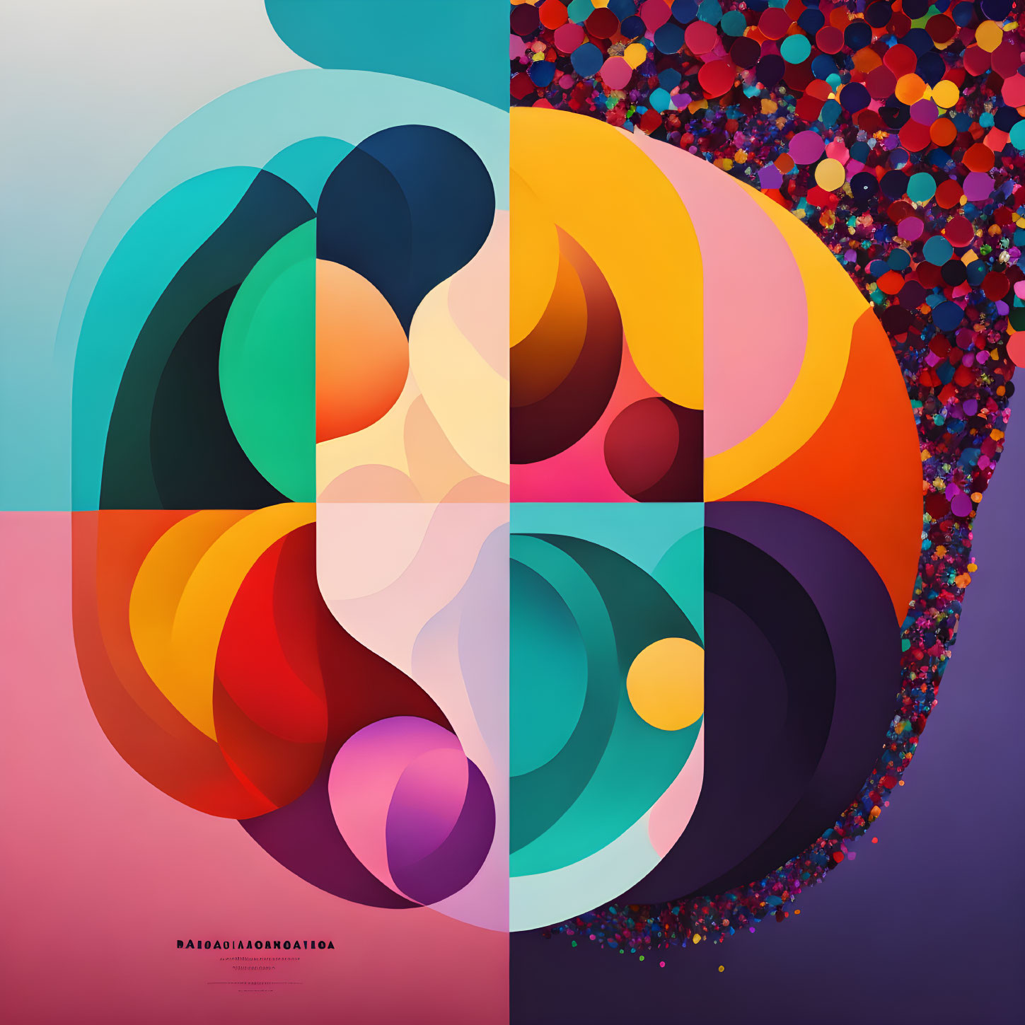 Vibrant abstract artwork with four quadrants of fluid shapes and textures