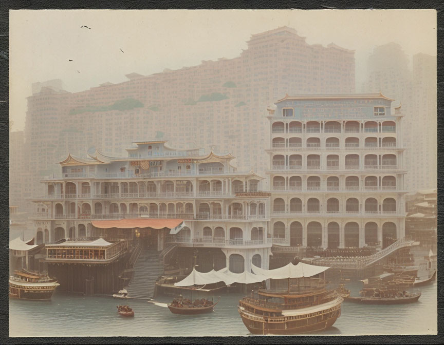 Traditional waterfront building and boats in sepia-toned photo