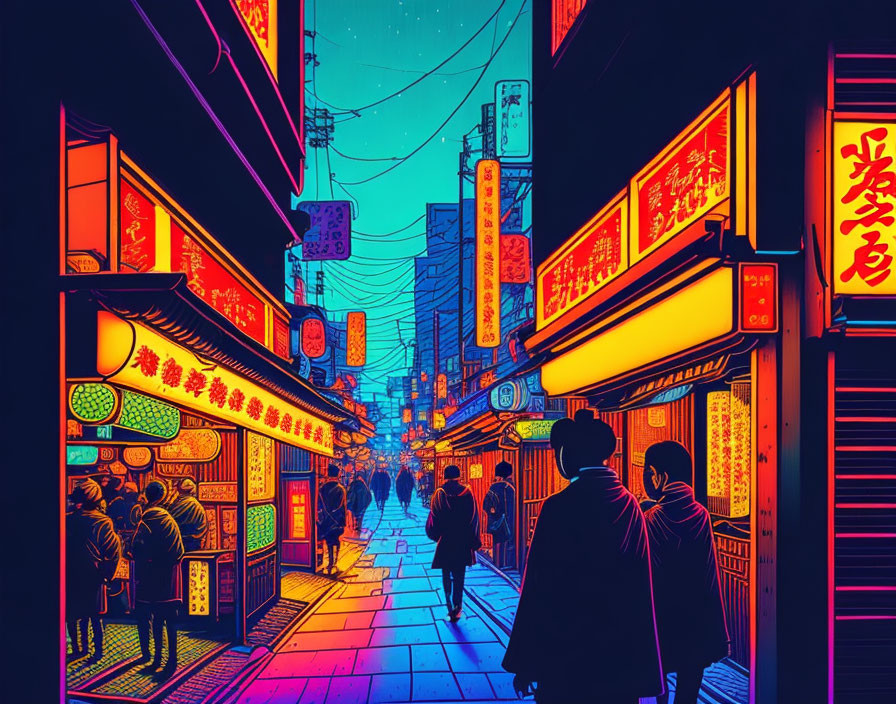 Colorful neon-lit cyberpunk street scene at night