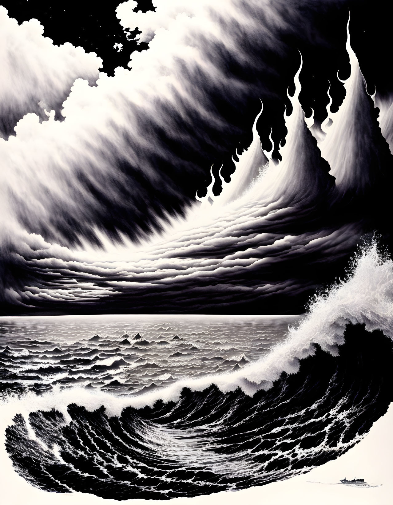 Dramatic monochrome oceanic scene with swirling clouds and turbulent waves.