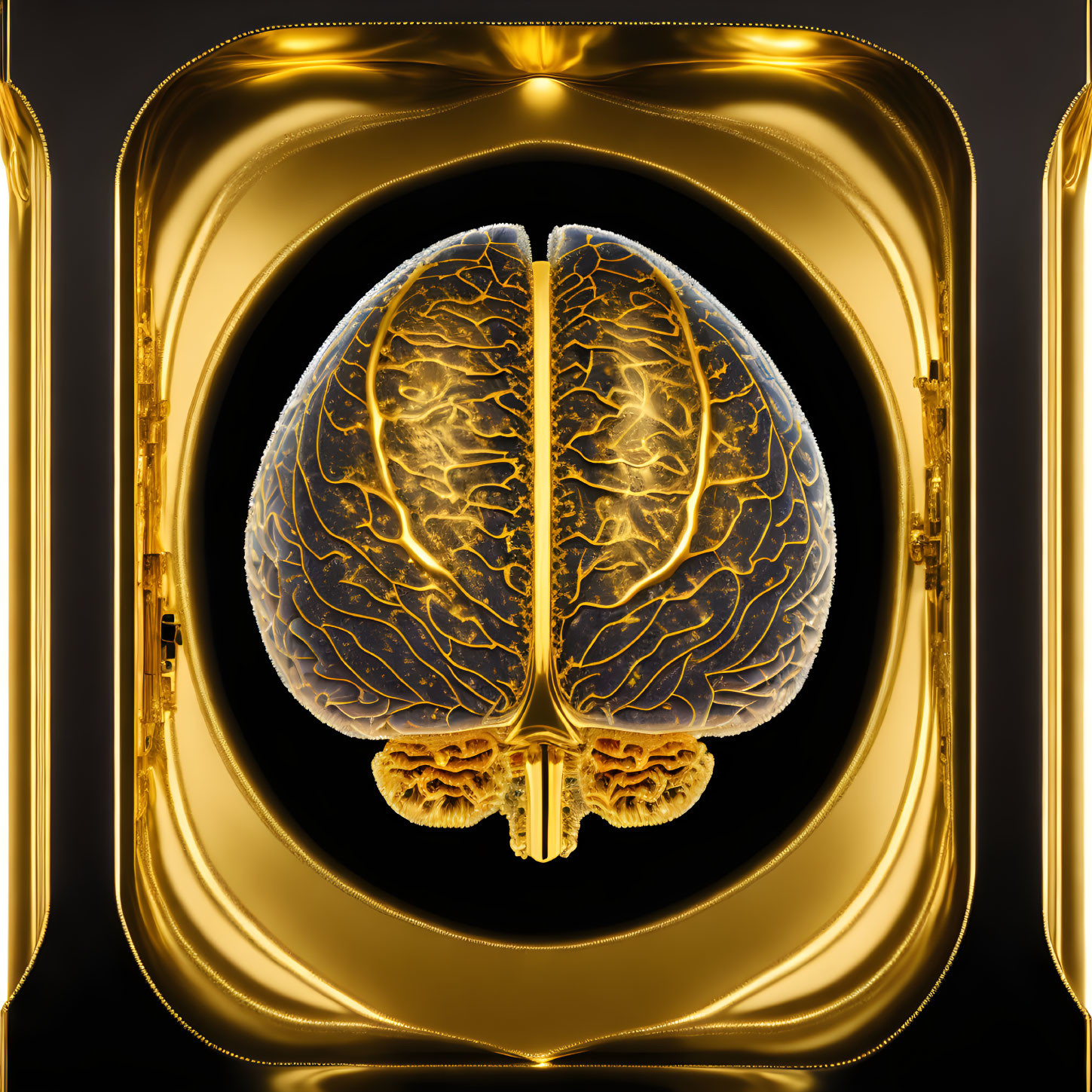 Stylized golden brain with neural patterns in luxurious frame