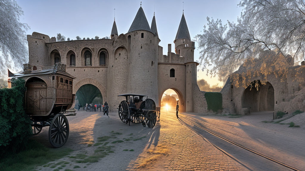 Vintage Carriage Parked by Old Fortress on Cobblestone Street at Sunset