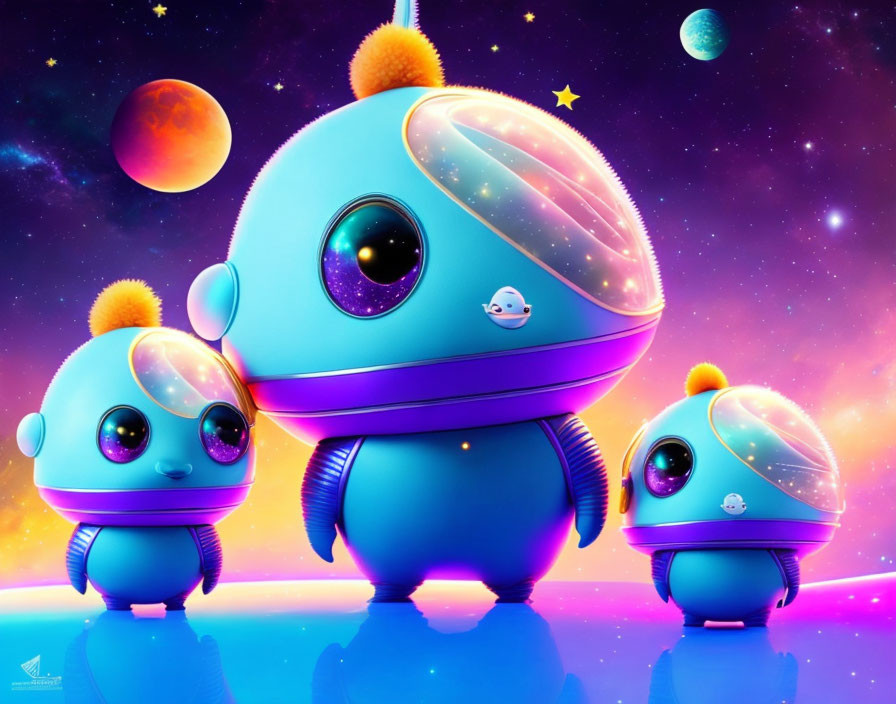 Colorful Space Setting with Three Cute Robotic Characters