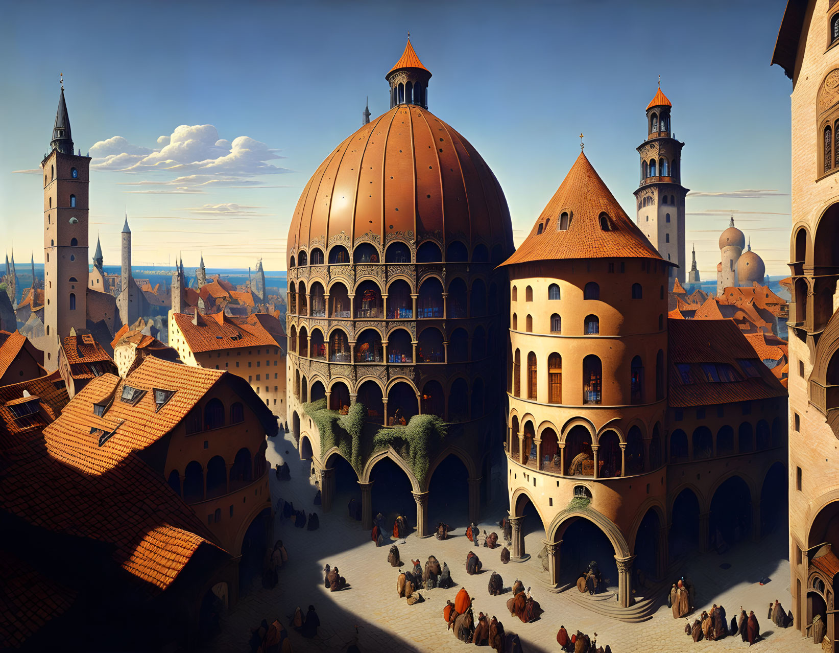 Fictional medieval town with orange rooftops and domed building