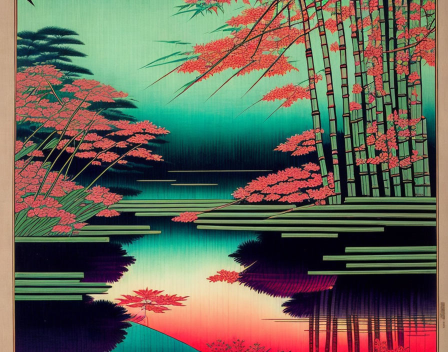 Colorful Artwork: Bamboo and Flowering Trees in Idyllic Scene