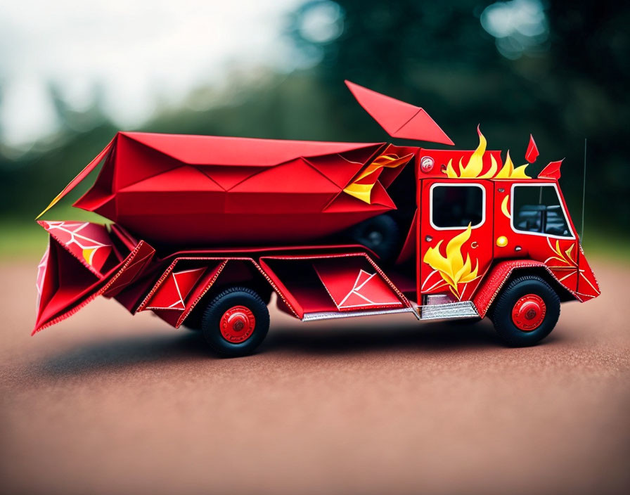 Vibrant Red Origami Fire Truck with Flame Decorations on Smooth Surface