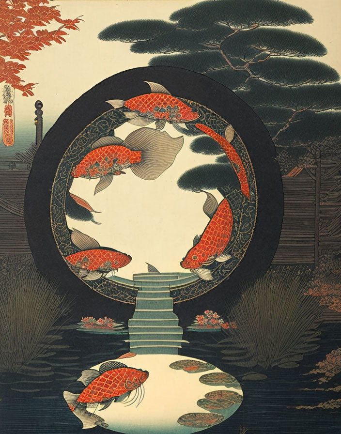 Koi Fish Swimming in Circular Formation with Japanese Flora and Bridge