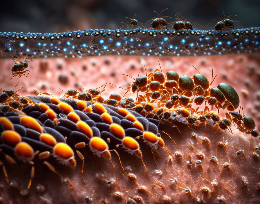 Ants on textured surface with glowing blue droplets