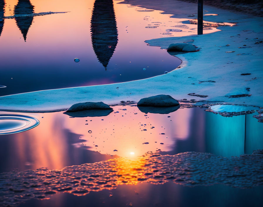 Vibrant sunset reflected in puddle with melting snow and pebbles