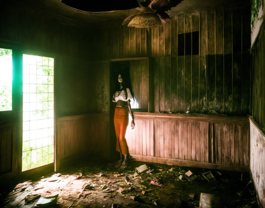 Abandoned room with woman standing among debris