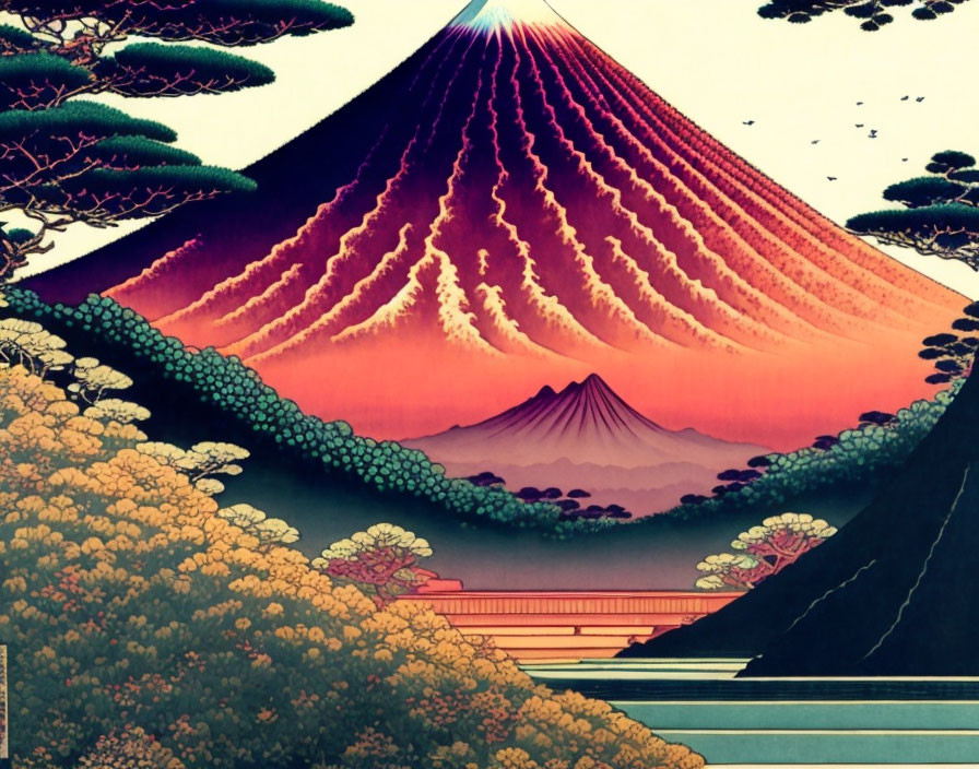 Majestic mountain illustration at sunset with river and lush greenery