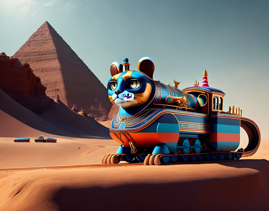 Fantastical Egyptian Pharaoh Cat Train in Desert with Pyramids