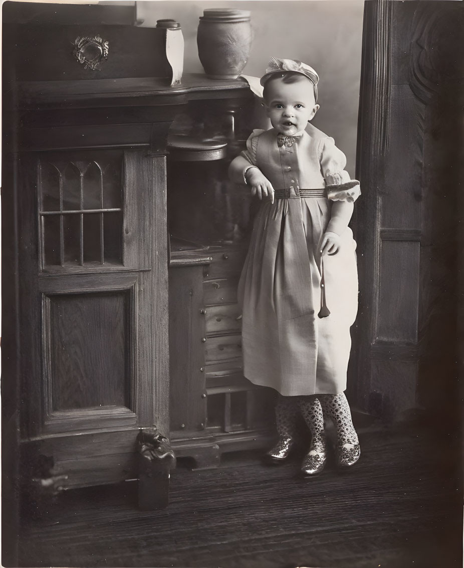 Vintage Black-and-White Photo: Child by Fireplace in Dress and Patterned Socks