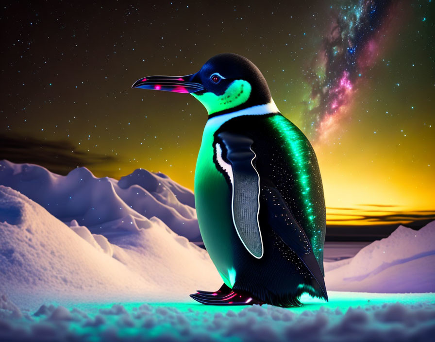 Neon Outlined Penguin in Twilight Snowscape