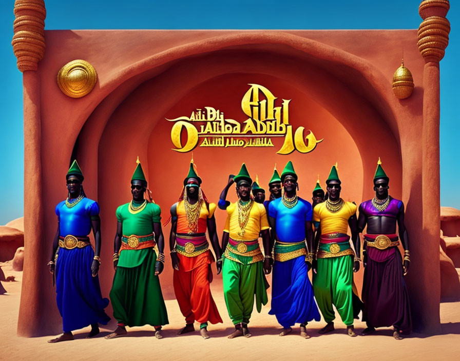 Men in Colorful Traditional Garb at Ornate Desert Gateway