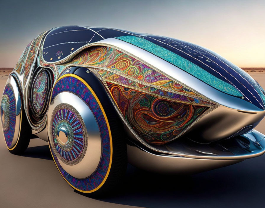 Colorful Futuristic Car Design with Metallic Finish & Unique Wheel Covers