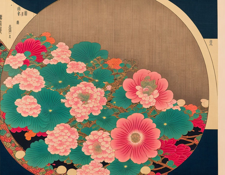 Japanese Woodblock Print: Vibrant Blooming Flowers in Circular Frame