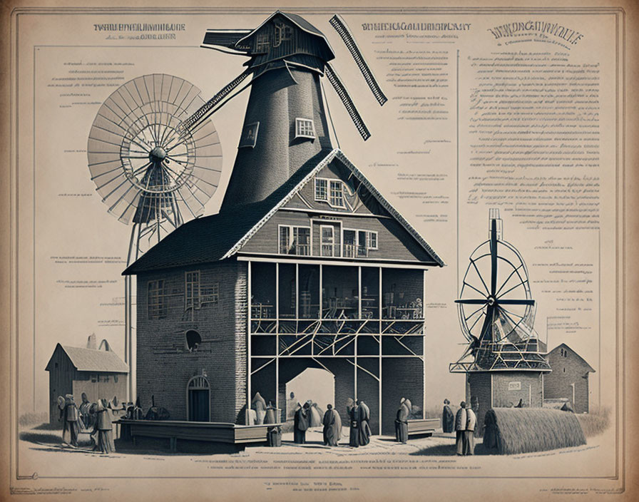 Sepia Vintage Illustration of Windmill with Architectural Details