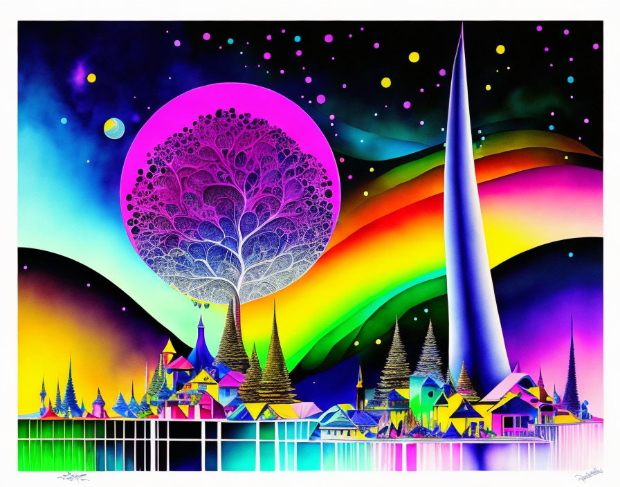 Colorful Artwork: Stylized Tree, Moon, Rainbow Hues, Whimsical Houses