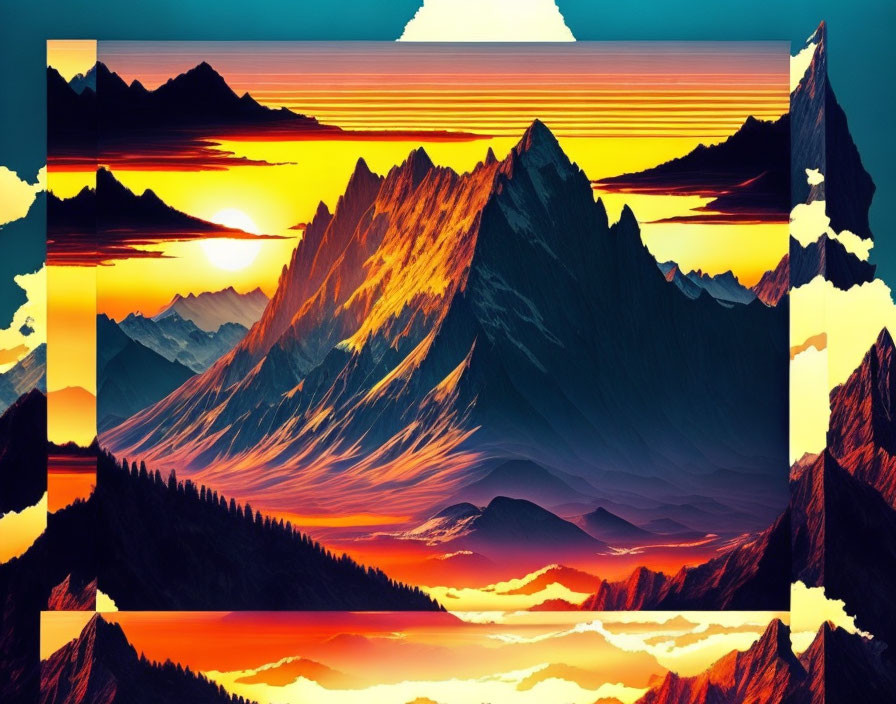 Digital glitch art of sunset mountain landscape with orange and blue hues