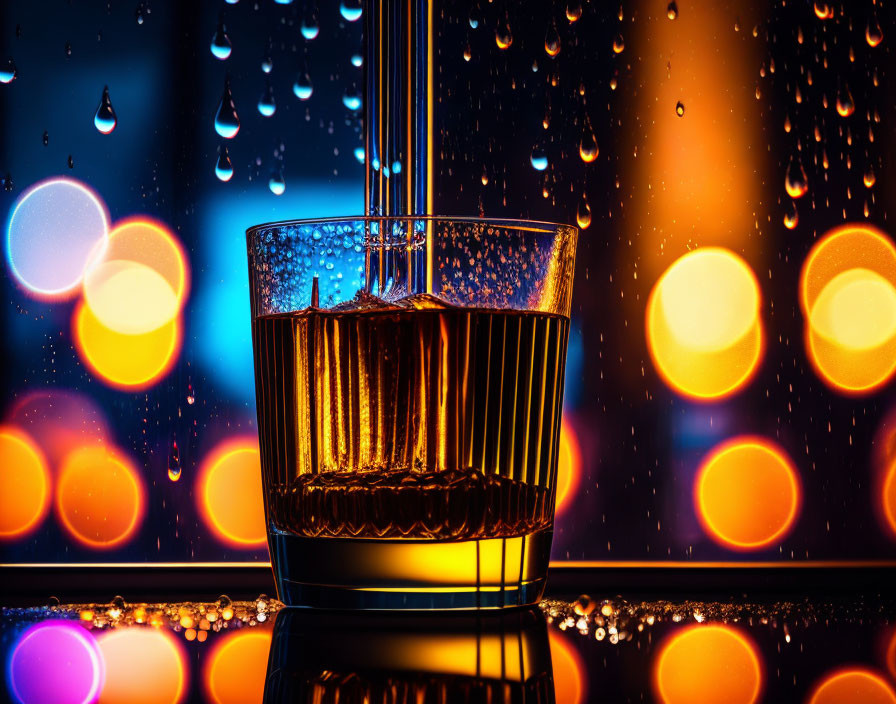 Dark liquid in glass with bubbles and straw, bokeh lights background.