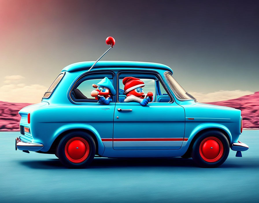 Vintage Blue Car with Cartoonish Santa Claus and Smurf Passenger in Pink Sky