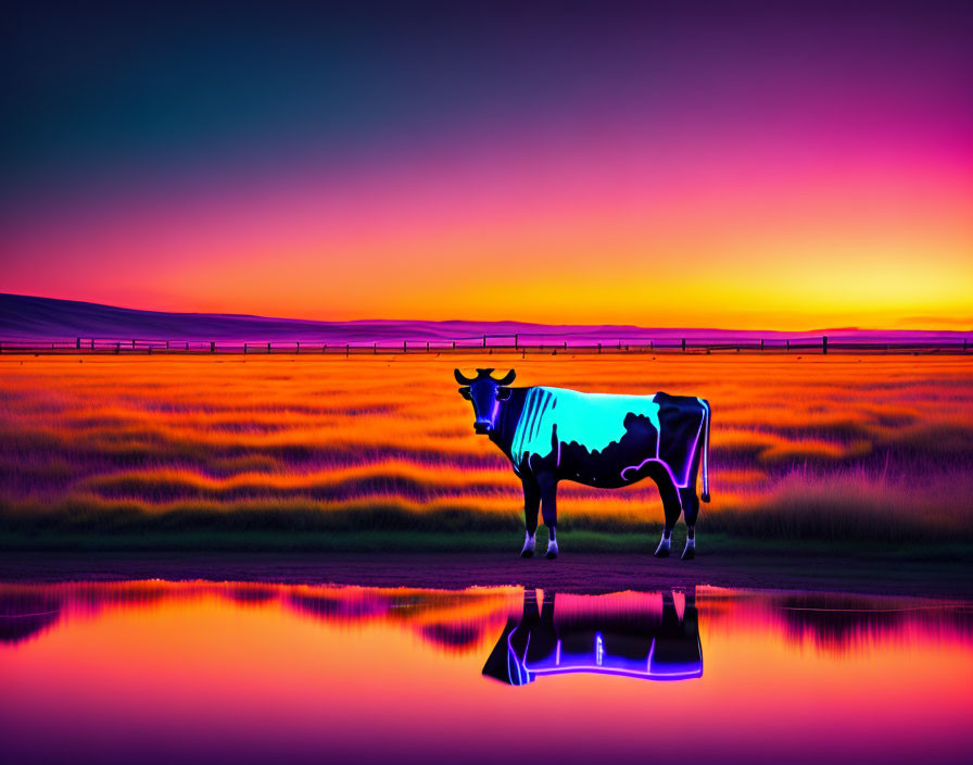 Colorful cow with world map pattern against sunset skyline and water.