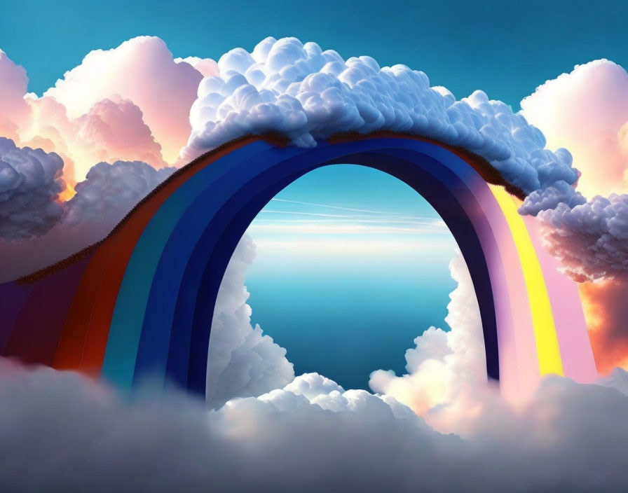 Colorful Rainbow Gateway in Sky Over Ocean