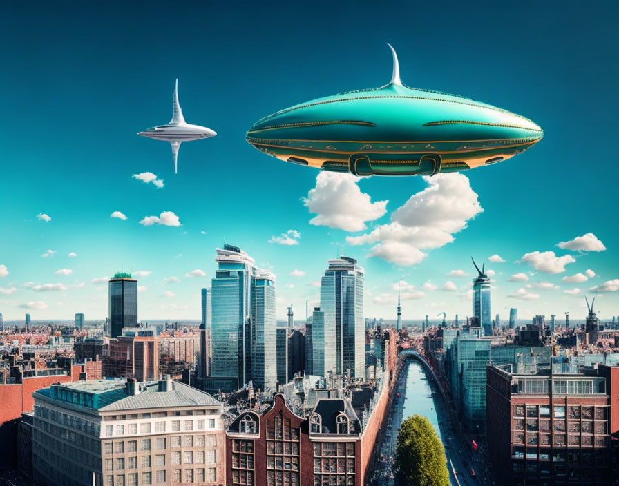 Digitally altered image: Two UFOs over modern cityscape