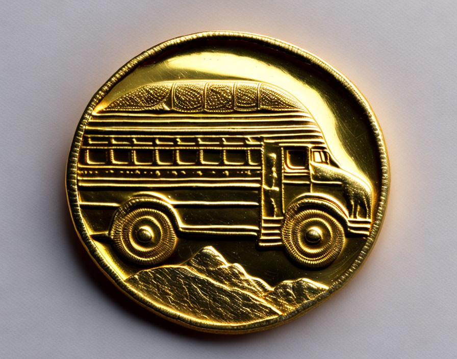 Shiny gold coin with vintage bus and mountain design