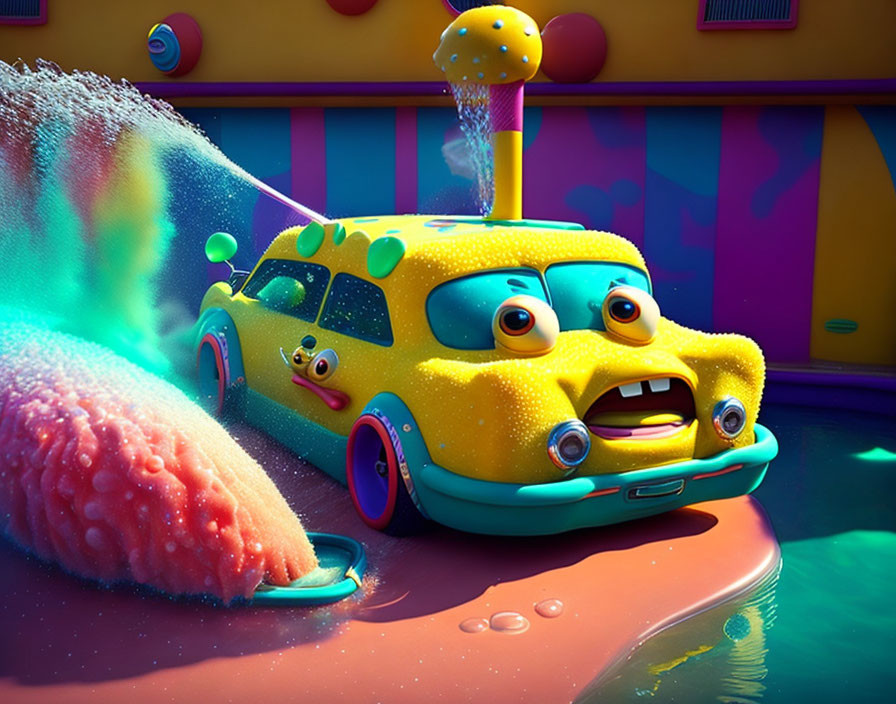 Colorful 3D-animated yellow car wash scene with bubbles and splashes