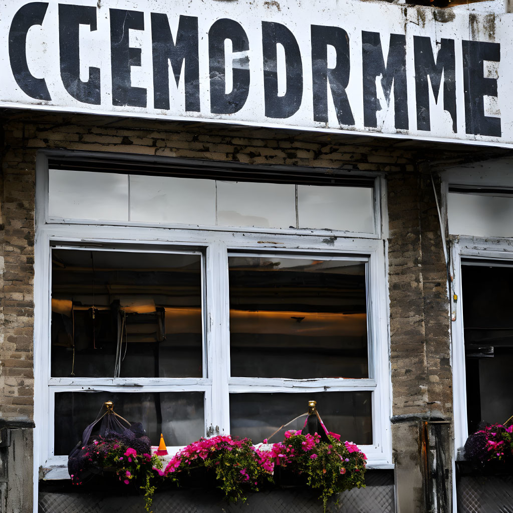 Weathered building facade with obscured black letters and flower boxes.