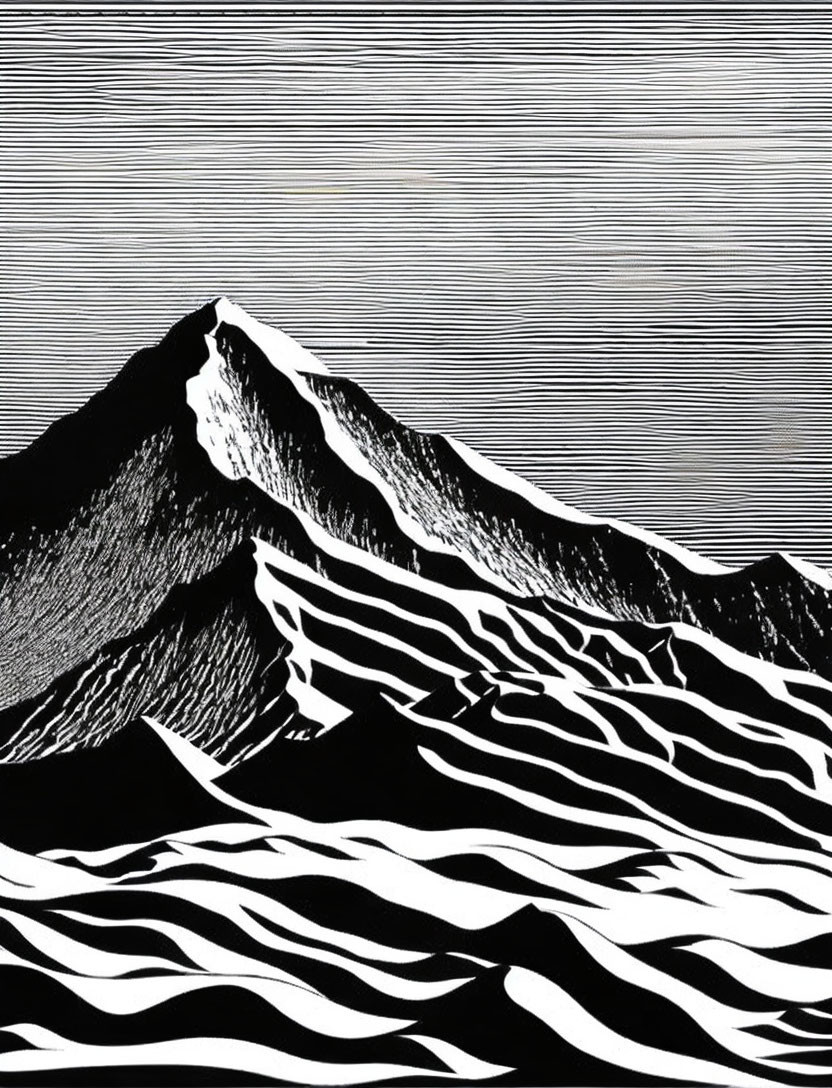 Monochromatic line art of mountainous landscape with stylized waves and radiating lines