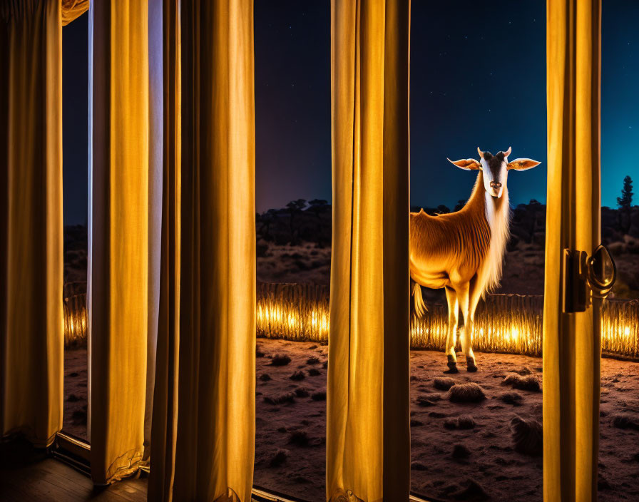 Curious goat gazes through window at night with starry sky backdrop