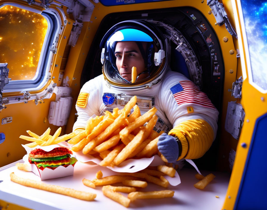 Astronaut looking out space station window with floating burger and fries