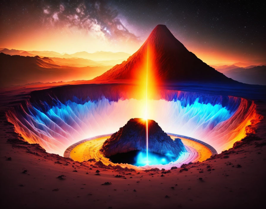 Digital artwork: Volcano with glowing lava ring in starry night sky