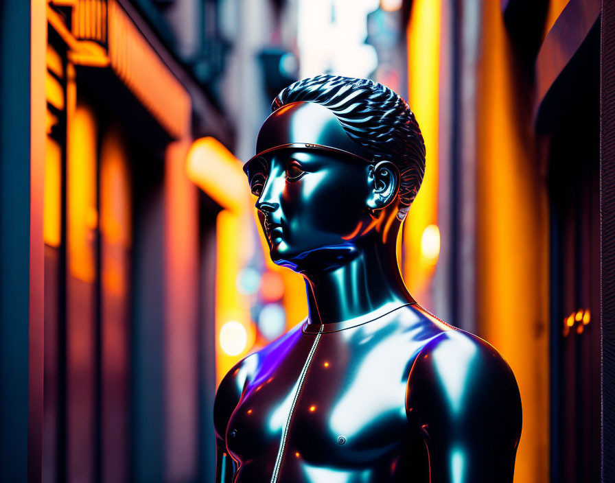 Futuristic metallic mannequin illuminated by vibrant neon lights