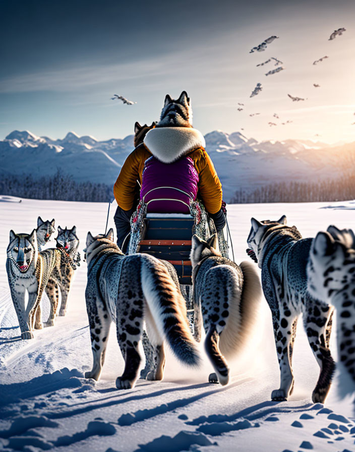 Person in winter clothing mushing sled pulled by huskies in snowy landscape with mountains and birds.