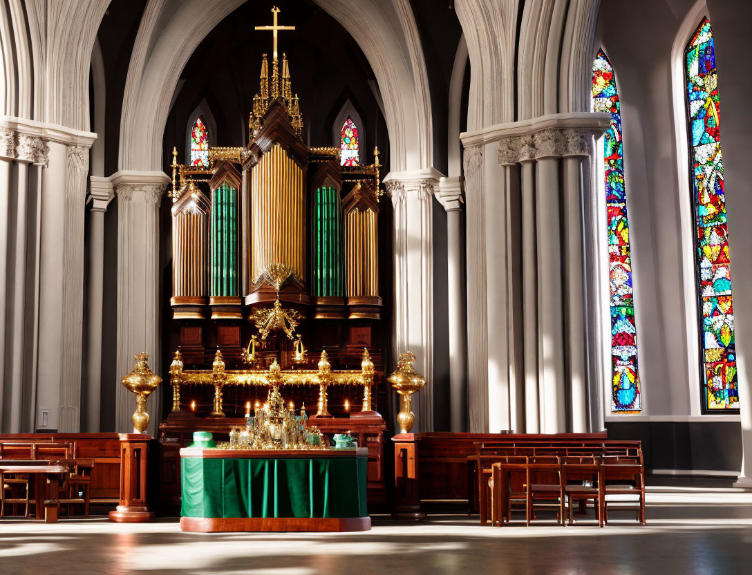 Ornate Altar, Pipe Organ, Stained Glass Windows in Church