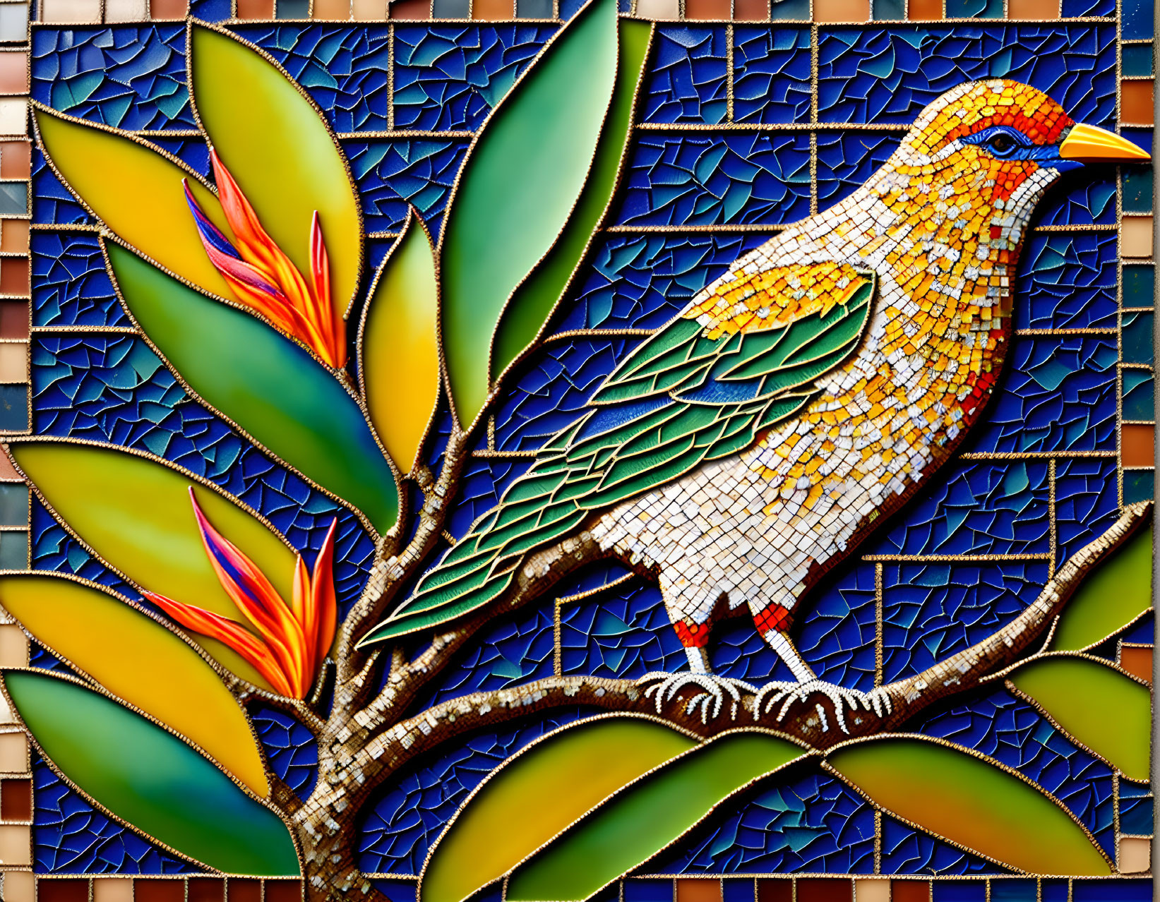 Vibrant bird mosaic on branch with flowers on blue background