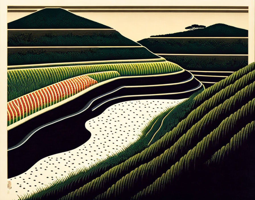 Terraced fields with crop patterns on rolling hills at dusk