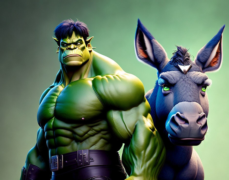 Stylized image of green-skinned character with grey donkey