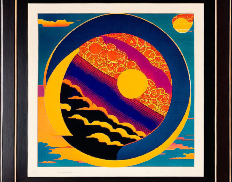 Abstract Framed Artwork: Bold Circular Motif with Dynamic Waves and Vibrant Sunset Hues