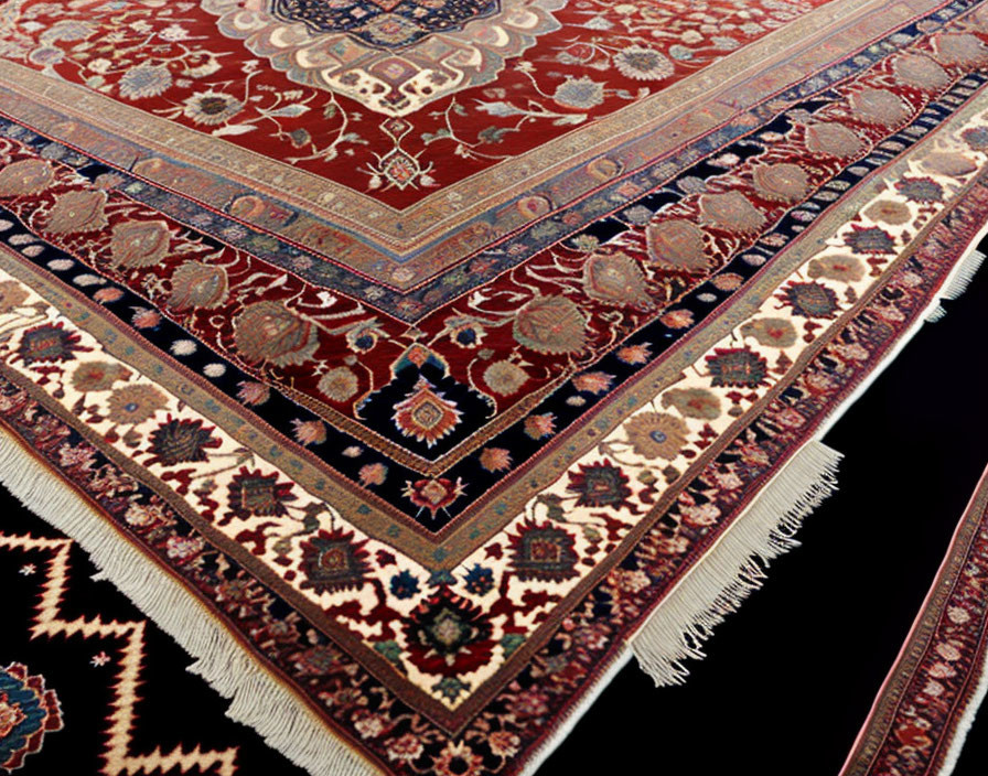 Traditional Handwoven Rug with Red and Navy Patterns