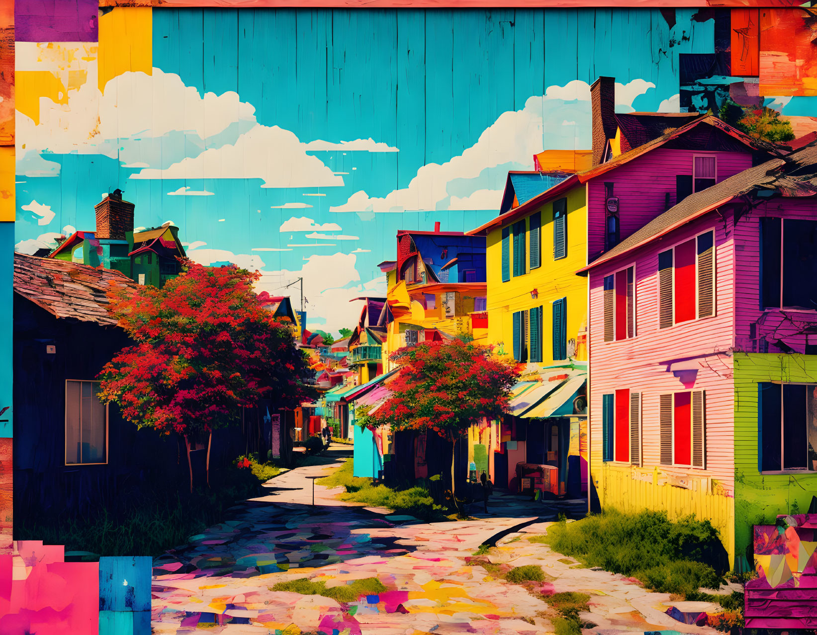 Colorful Street Scene with Multicolored Houses under Blue Sky