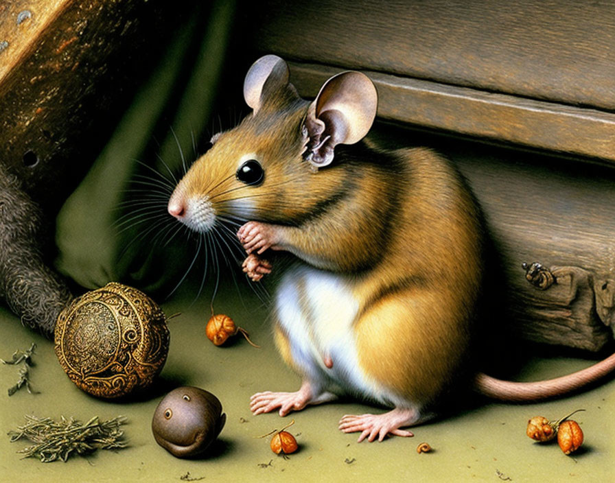 Realistic illustration of a mouse with large ears and whiskers beside small metal ball.