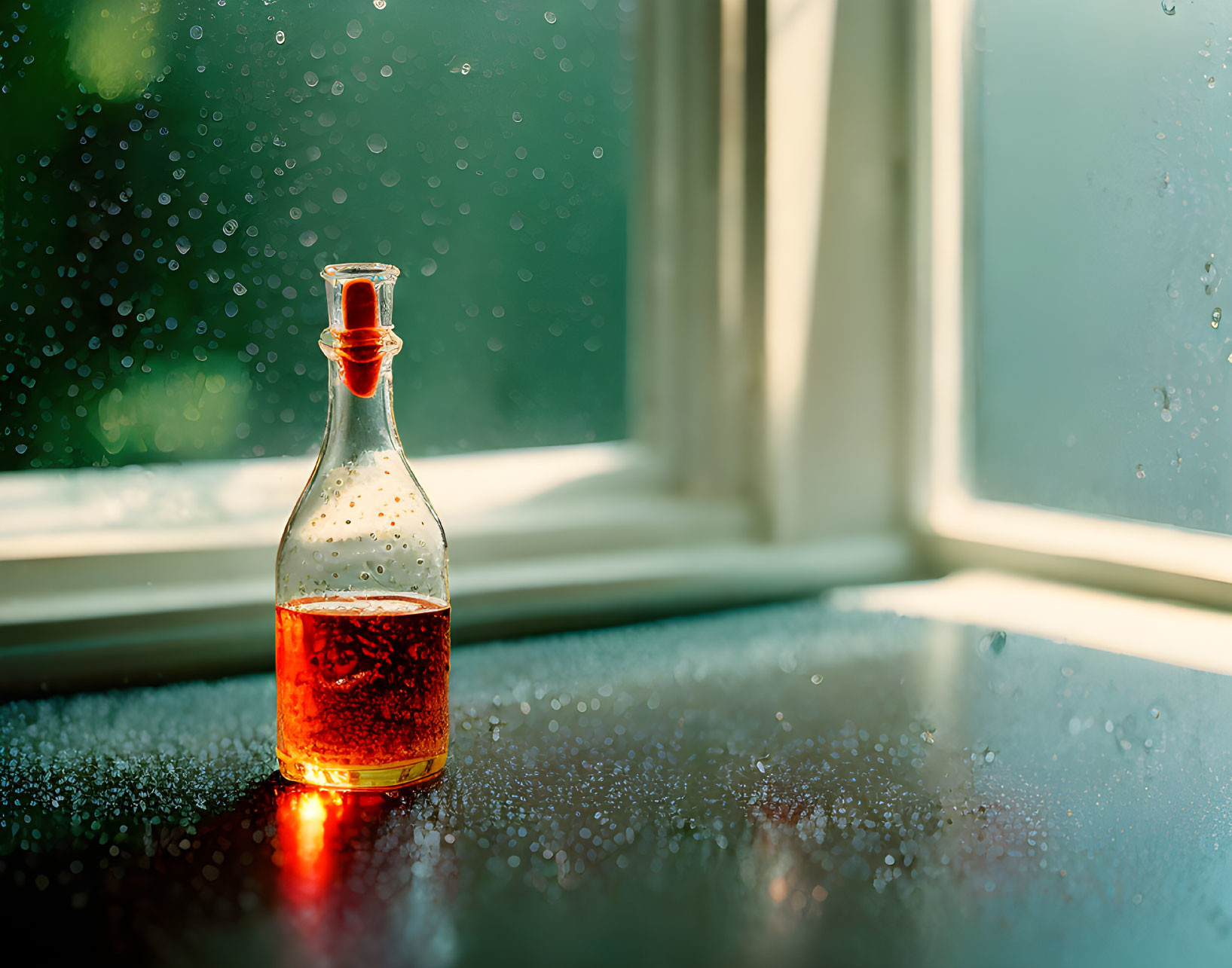 Glass bottle with red liquid on raindrop-speckled surface near sunny window