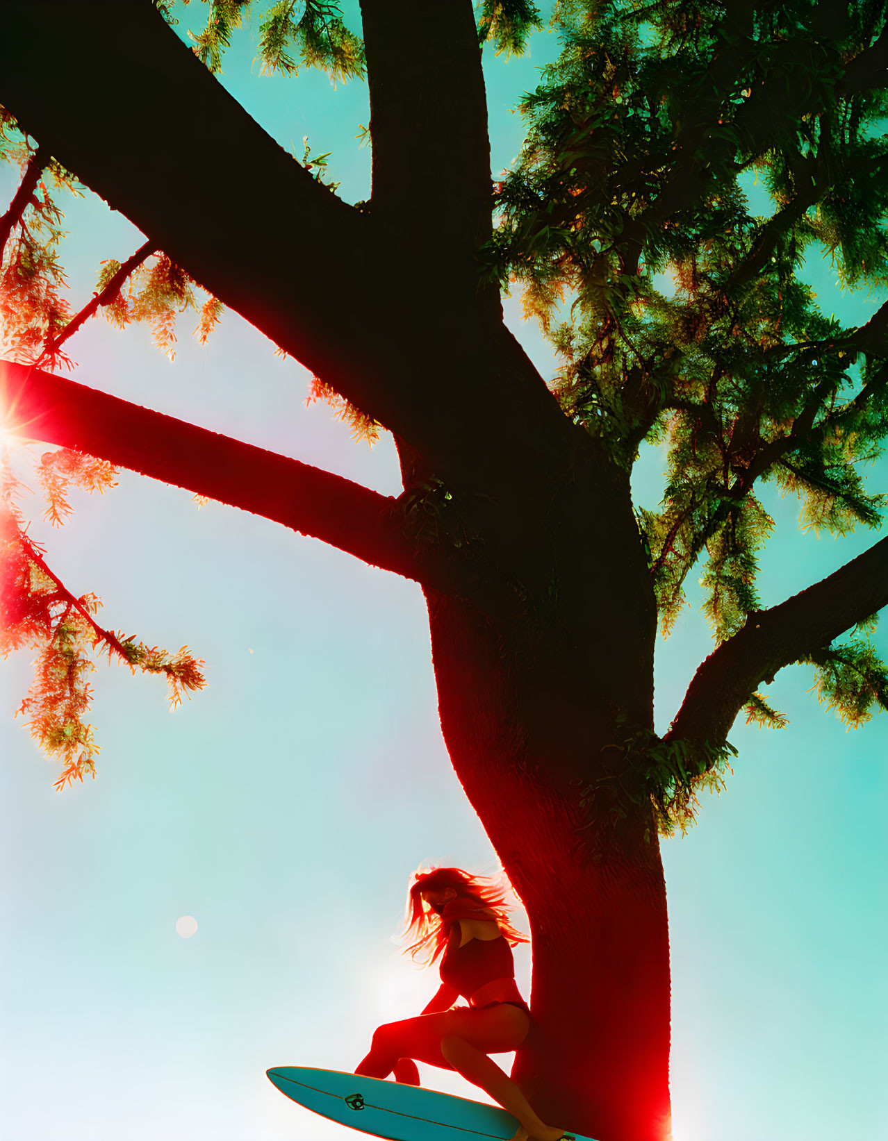 Silhouette of person with surfboard by tree under bright sun